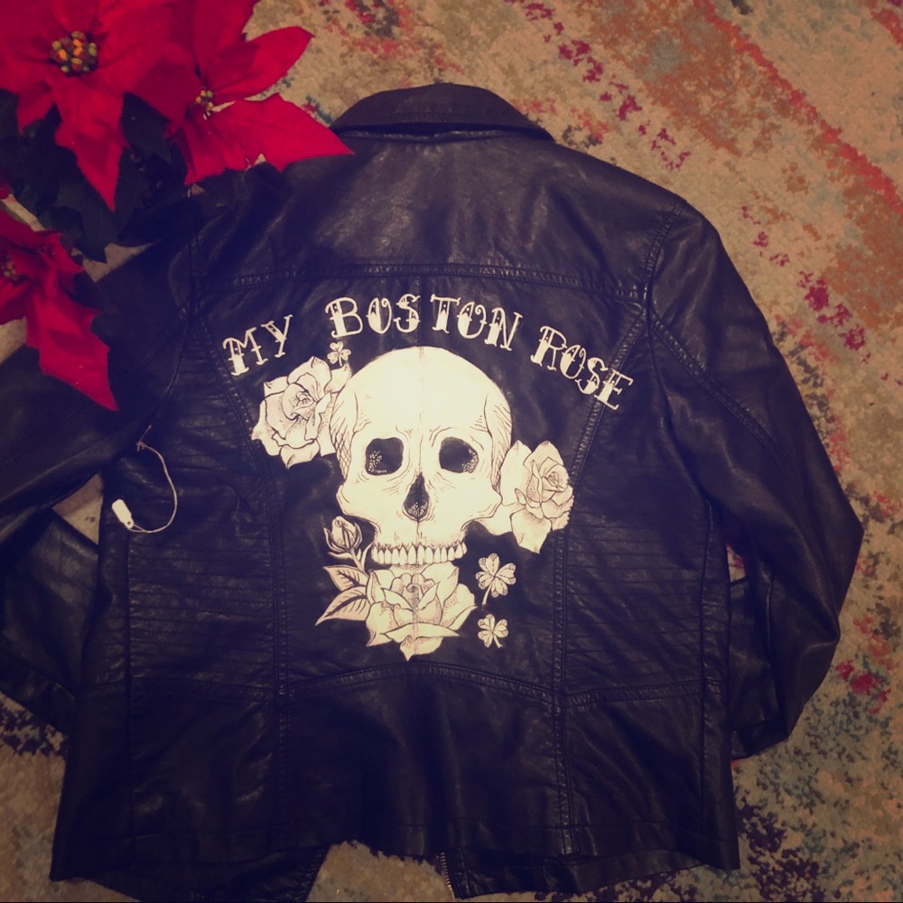Custom painted faux leather Jacket. My Boston Rose